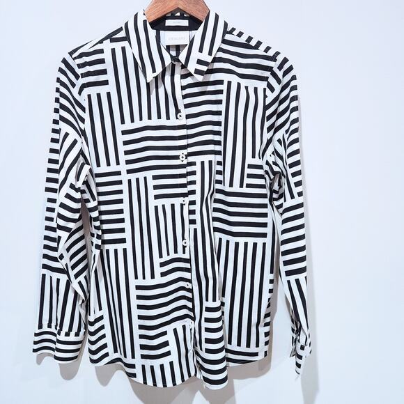 Chicos Womens Black White Non Iron Striped Button Up Blouse Size 1.5 Medium - Picture 1 of 10